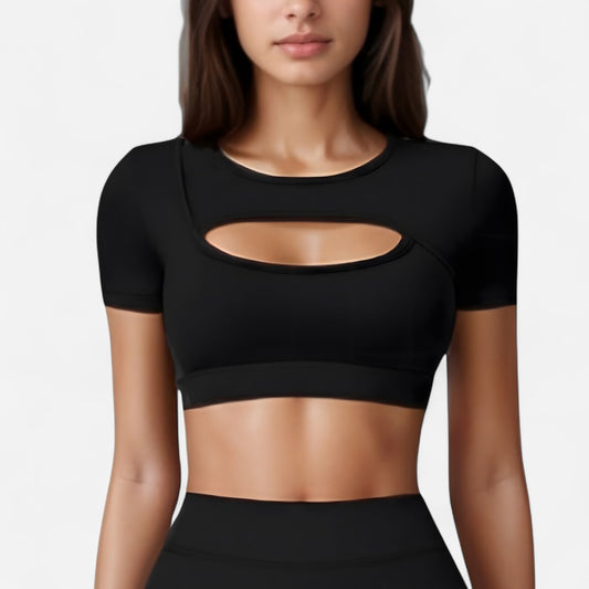 Short Sleeve Cropped Active Top with Keyhole Front Cutout and Built-In Bra for Medium Support