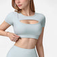 Short Sleeve Cropped Active Top with Keyhole Front Cutout and Built-In Bra for Medium Support