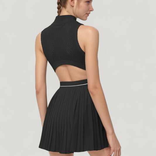 Sleeveless Zip Front High Neck Tennis Dress with Pleated Skirt and Contrast Waist Trim