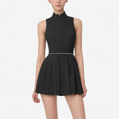 Sleeveless Zip Front High Neck Tennis Dress with Pleated Skirt and Contrast Waist Trim
