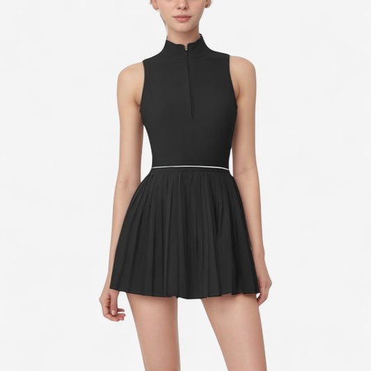 Sleeveless Zip Front High Neck Tennis Dress with Pleated Skirt and Contrast Waist Trim