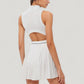 Sleeveless Zip Front High Neck Tennis Dress with Pleated Skirt and Contrast Waist Trim