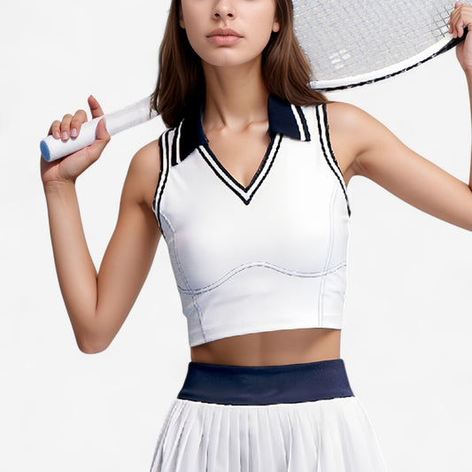 Sleeveless Cropped Tennis Top with Contrast Collar and V-Neckline