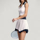 High Waist Pleated Tennis Skirt with Layered Hem and Contrast Waistband