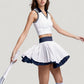 High Waist Pleated Tennis Skirt with Layered Hem and Contrast Waistband