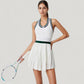 Sleeveless Tennis Dress with Zip Front Contrast Trim Neckline and Pleated Skirt
