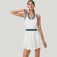 Sleeveless Tennis Dress with Zip Front Contrast Trim Neckline and Pleated Skirt