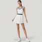 Sleeveless Tennis Dress with Zip Front Contrast Trim Neckline and Pleated Skirt