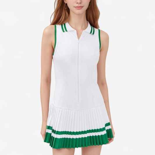 Sleeveless Tennis Dress with Zip Front Contrast Trim Collar and Colorblock Pleated Skirt