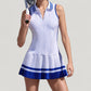 Sleeveless Tennis Dress with Zip Front Contrast Trim Collar and Colorblock Pleated Skirt