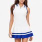 Sleeveless Tennis Dress with Zip Front Contrast Trim Collar and Colorblock Pleated Skirt