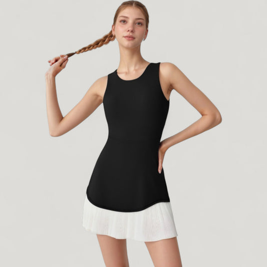Sleeveless Tennis Dress with Scoop Neck Fitted Bodice and Contrast Pleated Hem