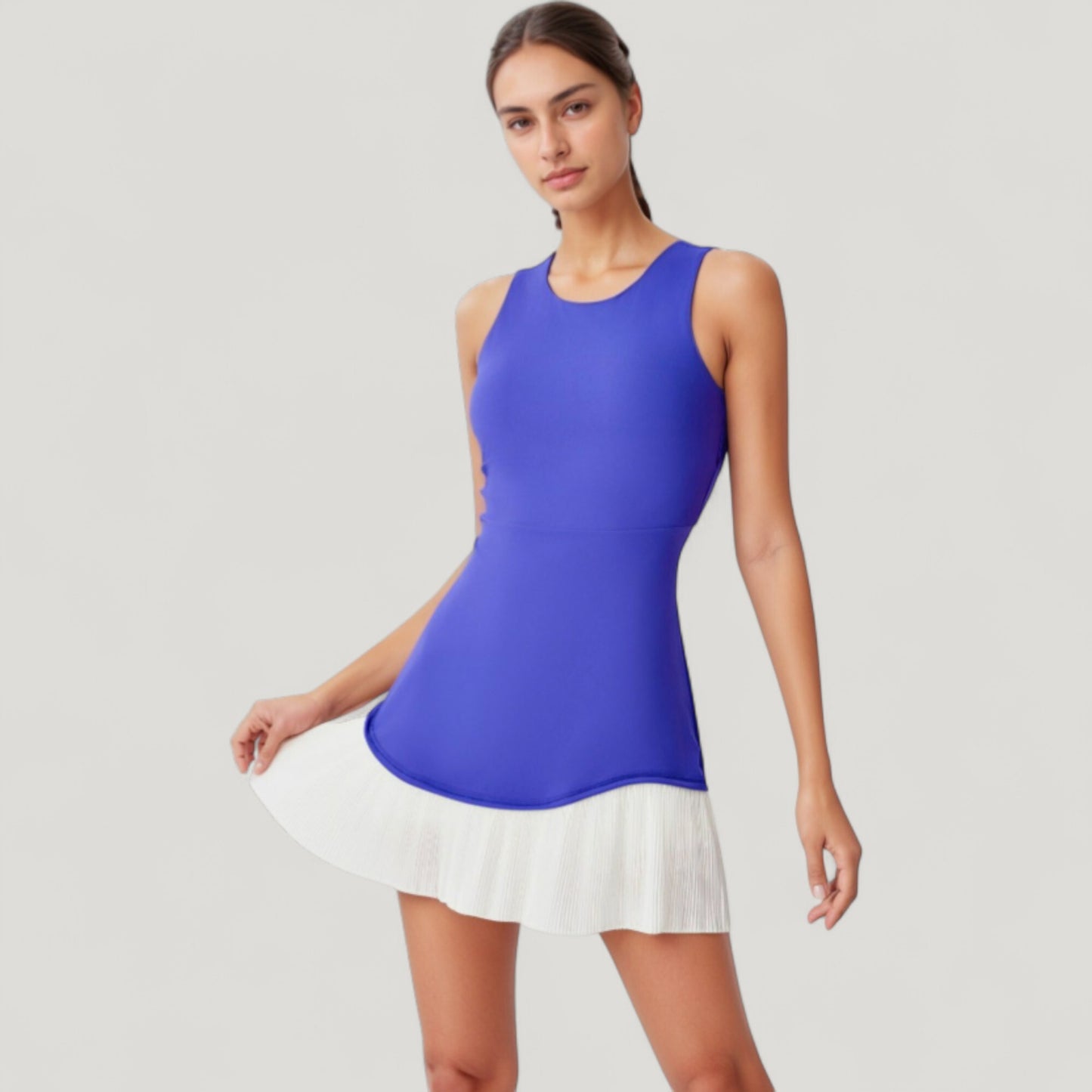 Sleeveless Tennis Dress with Scoop Neck Fitted Bodice and Contrast Pleated Hem