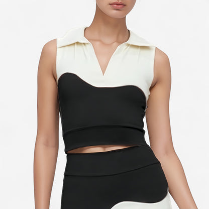 Sleeveless Colorblock Cropped Top with Collared Neckline and Sculpted Contrast Design