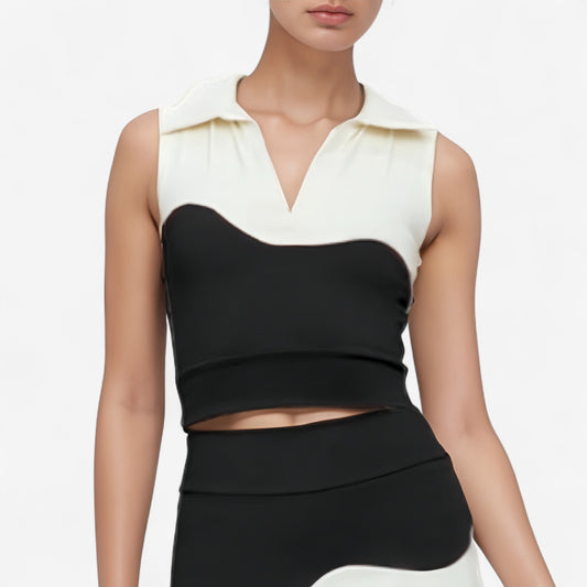 Sleeveless Colorblock Cropped Top with Collared Neckline and Sculpted Contrast Design