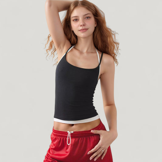 Contrast Trim Halter Tank Top with Fitted Silhouette and Double Strap Detail