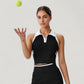 Sleeveless Cropped Polo Top with Contrast Collar and Side Stripe Detail
