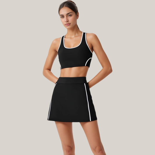Two-Piece Activewear Set with Contrast Trim Sports Bra Tank and High Waist Skirt