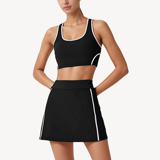 Two-Piece Activewear Set with Contrast Trim Sports Bra Tank and High Waist Skirt