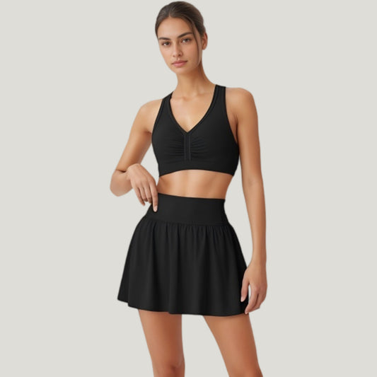 Two-Piece Activewear Set with V-Neck Ruched Sports Bra and High Waist Flare Skirt