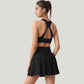 Two-Piece Activewear Set with V-Neck Ruched Sports Bra and High Waist Flare Skirt