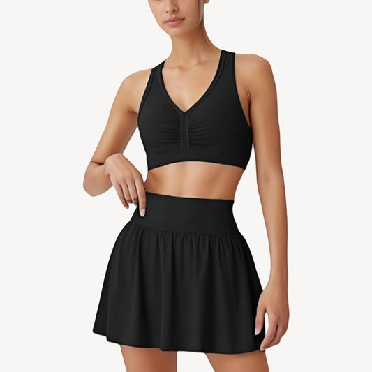 Two-Piece Activewear Set with V-Neck Ruched Sports Bra and High Waist Flare Skirt