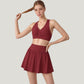 Two-Piece Activewear Set with V-Neck Ruched Sports Bra and High Waist Flare Skirt