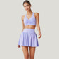 Two-Piece Activewear Set with V-Neck Ruched Sports Bra and High Waist Flare Skirt