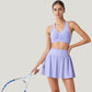 Two-Piece Activewear Set with V-Neck Ruched Sports Bra and High Waist Flare Skirt