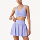 Two-Piece Activewear Set with V-Neck Ruched Sports Bra and High Waist Flare Skirt