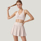 Two-Piece Activewear Set with V-Neck Ruched Sports Bra and High Waist Flare Skirt