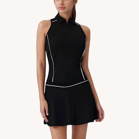 Sleeveless Performance Polo Tank with Zip Neckline and Contrast Piping for Golf and Tennis
