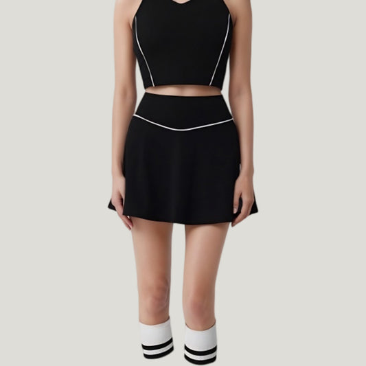 High Waist Flare Tennis Skirt with Contrast Piping and Flowy Athletic Silhouette