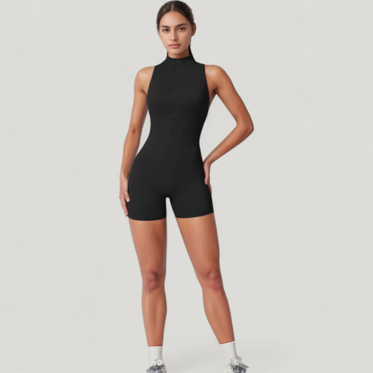 Sleeveless Zip Front Active Romper with High Neck and Fitted Stretch Fabric