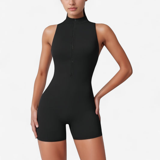 Sleeveless Zip Front Active Romper with High Neck and Fitted Stretch Fabric