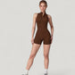 Sleeveless Zip Front Active Romper with High Neck and Fitted Stretch Fabric