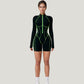 Long Sleeve Zip Front Active Romper with Neon Piping and Contoured Seams