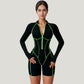 Long Sleeve Zip Front Active Romper with Neon Piping and Contoured Seams