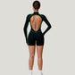 Long Sleeve Zip Front Active Romper with Neon Piping and Contoured Seams