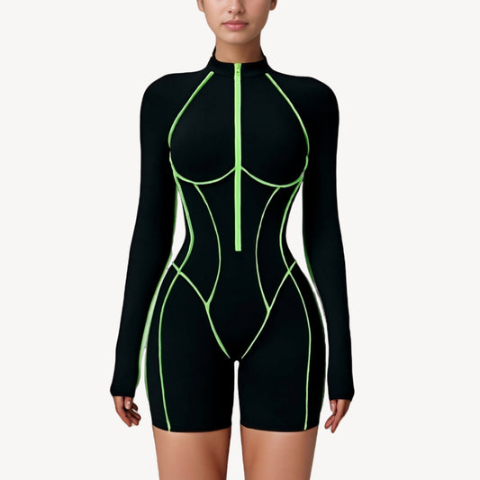 Long Sleeve Zip Front Active Romper with Neon Piping and Contoured Seams