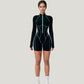 Long Sleeve Zip Front Active Romper with Neon Piping and Contoured Seams