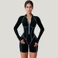 Long Sleeve Zip Front Active Romper with Neon Piping and Contoured Seams