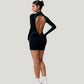 Long Sleeve Zip Front Active Romper with Neon Piping and Contoured Seams