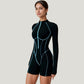 Long Sleeve Zip Front Active Romper with Neon Piping and Contoured Seams