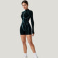 Long Sleeve Zip Front Active Romper with Neon Piping and Contoured Seams
