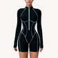 Long Sleeve Zip Front Active Romper with Neon Piping and Contoured Seams
