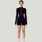 Long Sleeve Zip Front Active Romper with Neon Piping and Contoured Seams