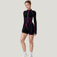 Long Sleeve Zip Front Active Romper with Neon Piping and Contoured Seams