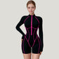 Long Sleeve Zip Front Active Romper with Neon Piping and Contoured Seams