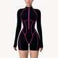 Long Sleeve Zip Front Active Romper with Neon Piping and Contoured Seams